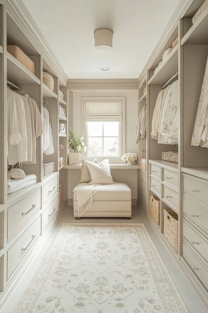 Closet planejado em tons neutros com armários abertos, gavetas organizadas, cestos de vime e uma chaise central sob a janela, criando um ambiente elegante, funcional e acolhedor.