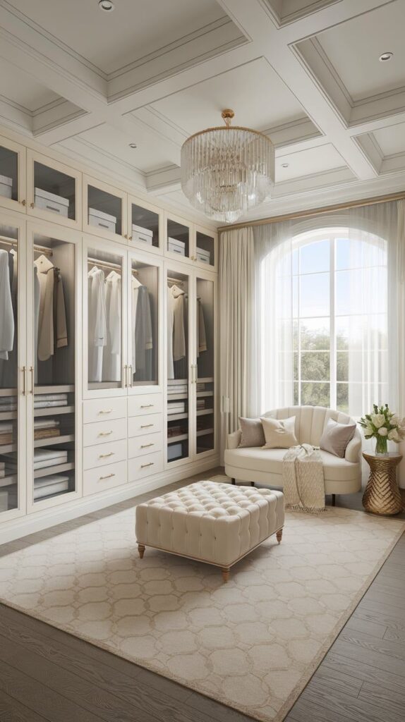 Closet sofisticado com armários fechados com portas de vidro, sofá curvo, pufe capitonê e lustre de cristal, em tons neutros e iluminação natural abundante, transmitindo elegância e requinte.